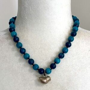 Fossil Teal Blue Beaded Necklace with Silver Bird Accent Bohemian Artsy Birdie